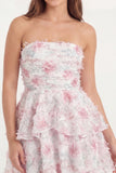 White Pink Flower Tiered Ruffled Strapless A Line Short Graduation Dress