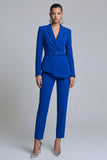 Royal Blue 2 Piece Peak Lapel Belt Women Suits with Sleeves