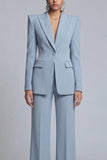 Grey Blue Peak Lapel 2 Piece Women Suits with Sleeves