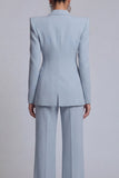 Grey Blue Peak Lapel 2 Piece Women Suits with Sleeves
