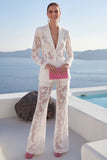 White Peak Lapel 2 Piece Lace Appliqued Women Suits with Sleeves