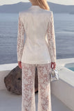 White 2 Piece Lace Appliqued Peak Lapel Flower Women Suits with Sleeves
