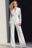 2 Piece White Lace Floral Notched Lapel Wide Leg Prom Suits with Belt