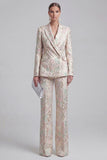 Champagne and Pink 2 Piece Floral Peak Lapel Double Breasted Prom Suits