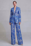 Dark Blue Lace Floral 2 Piece Single Breasted Notched Lapel Prom Suits