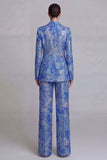 Dark Blue Lace Floral 2 Piece Single Breasted Notched Lapel Prom Suits