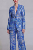 Dark Blue Lace Floral 2 Piece Single Breasted Notched Lapel Prom Suits