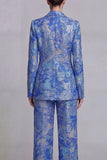 Dark Blue Lace Floral 2 Piece Single Breasted Notched Lapel Prom Suits