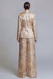 Floral Champagne 2 Piece Shawl Lapel Wide Leg Prom Suits with Bow