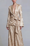 Floral Champagne 2 Piece Shawl Lapel Wide Leg Prom Suits with Bow