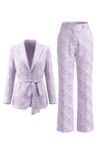 Lilac Floral Single Breasted 2 Piece Peak Lapel Wide Leg Prom Suits with Belt