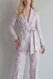 Lilac Floral Single Breasted 2 Piece Peak Lapel Wide Leg Prom Suits with Belt