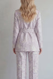 Lilac Floral Single Breasted 2 Piece Peak Lapel Wide Leg Prom Suits with Belt