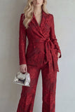 Red Lace Peak Lapel Floral 2 Piece Slim Fit Prom Suits with Belt