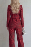 Red Lace Peak Lapel Floral 2 Piece Slim Fit Prom Suits with Belt