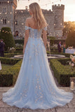 Blue A-Line Off the Shoulder Corset Tulle Long Prom Dress with Appliques