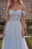 Blue A-Line Off the Shoulder Corset Tulle Long Prom Dress with Appliques