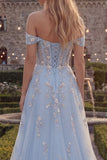 Blue A-Line Off the Shoulder Corset Tulle Long Prom Dress with Appliques