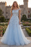 Sparkly Blue Off the Shoulder A-Line Corset Beaded Tulle Long Prom Dress with Appliques