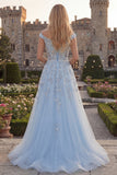 Sparkly Blue Off the Shoulder A-Line Corset Beaded Tulle Long Prom Dress with Appliques