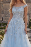 Sparkly Blue Off the Shoulder A-Line Corset Beaded Tulle Long Prom Dress with Appliques