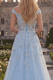 Sparkly Blue Off the Shoulder A-Line Corset Beaded Tulle Long Prom Dress with Appliques