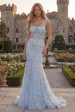 Sparkly Blue Mermaid Spaghetti Straps Appliqued Corset Long Prom Dress with Beading