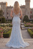 Sparkly Blue Mermaid Spaghetti Straps Appliqued Corset Long Prom Dress with Beading