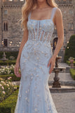 Sparkly Blue Mermaid Spaghetti Straps Appliqued Corset Long Prom Dress with Beading