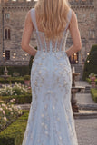 Sparkly Blue Mermaid Spaghetti Straps Appliqued Corset Long Prom Dress with Beading
