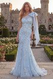 Sparkly Blue One Shoulder Mermaid Appliqued Beaded Tulle Prom Dress with Bow
