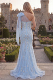 Sparkly Blue One Shoulder Mermaid Appliqued Beaded Tulle Prom Dress with Bow
