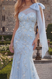 Sparkly Blue One Shoulder Mermaid Appliqued Beaded Tulle Prom Dress with Bow