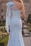 Sparkly Blue One Shoulder Mermaid Appliqued Beaded Tulle Prom Dress with Bow