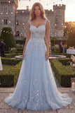 Sparkly Blue A-Line Spaghetti Straps Beaded Tulle Long Prom Dress with Appliques