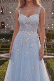 Sparkly Blue A-Line Spaghetti Straps Beaded Tulle Long Prom Dress with Appliques