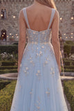 Sparkly Blue A-Line Spaghetti Straps Beaded Tulle Long Prom Dress with Appliques