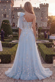 Sparkly Blue A-Line One Shoulder Bow Beaded Tulle Long Prom Dress with Appliques