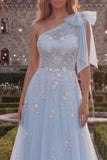 Sparkly Blue A-Line One Shoulder Bow Beaded Tulle Long Prom Dress with Appliques