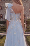 Sparkly Blue A-Line One Shoulder Bow Beaded Tulle Long Prom Dress with Appliques