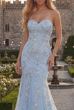 Sparkly Blue Mermaid Sweetheart Tulle Long Beaded Prom Dress with Appliques