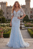 Sparkly Blue Mermaid V-Neck Long Beaded Tulle Prom Dress with Appliques