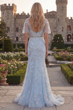 Sparkly Blue Mermaid V-Neck Long Beaded Tulle Prom Dress with Appliques
