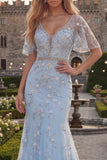 Sparkly Blue Mermaid V-Neck Long Beaded Tulle Prom Dress with Appliques
