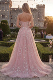 Sparkly Blue A-Line Strapless Beaded Long Tulle Prom Dress with Appliques