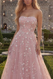 Sparkly Blue A-Line Strapless Beaded Long Tulle Prom Dress with Appliques