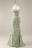 Dusty Sage Mermaid Floral Square Neck Long Prom Dress with Slit