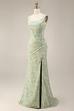 Dusty Sage Mermaid Floral Square Neck Long Prom Dress with Slit