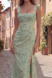 Dusty Sage Mermaid Floral Square Neck Long Prom Dress with Slit