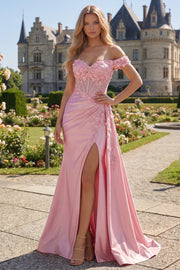 Pink Floral Ruched Mermaid Corset Long Prom Dress with Side Cape
